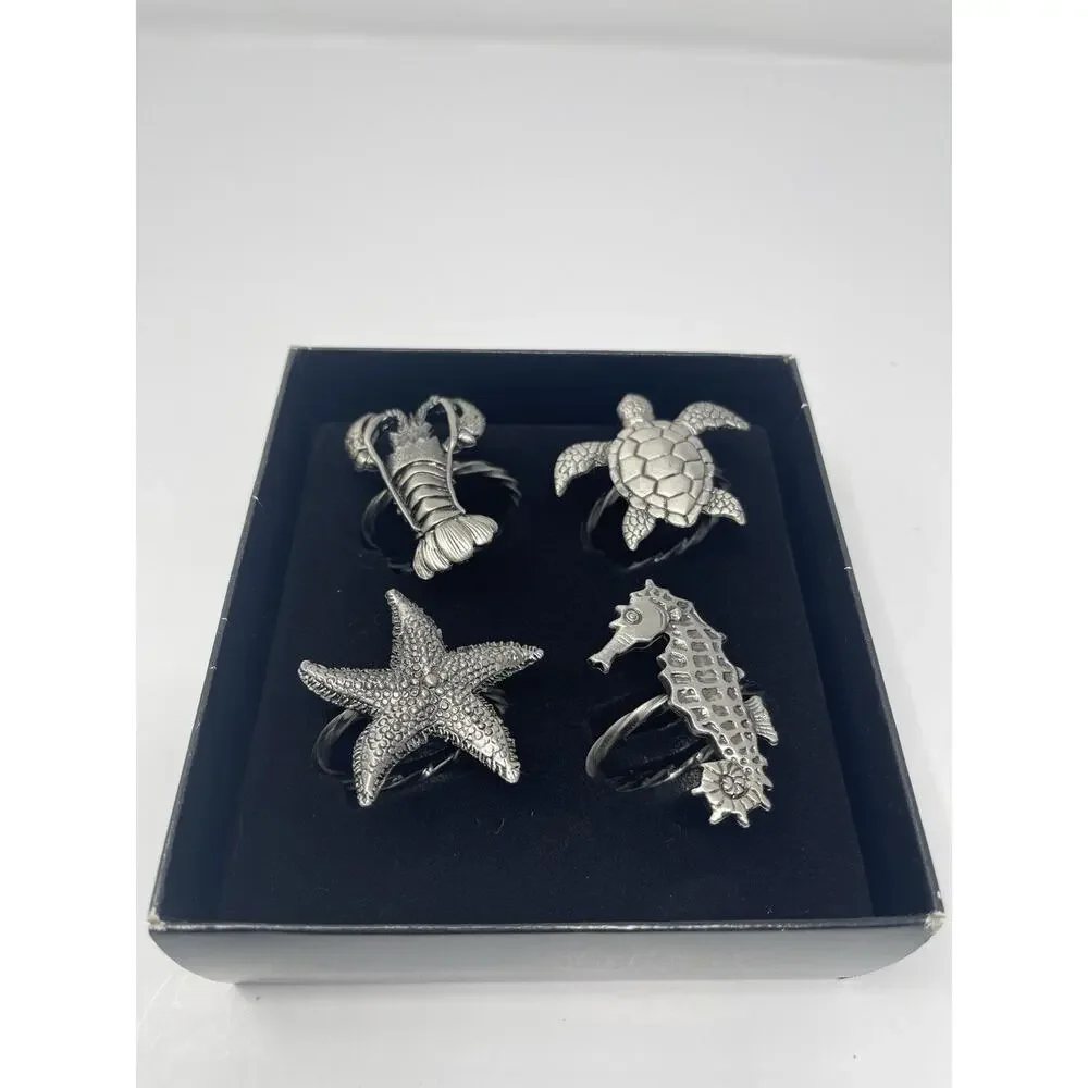 Pewter Napkin Rings Lobster Turtle Starfish Seahorse Set 4 Nautical Sealife New